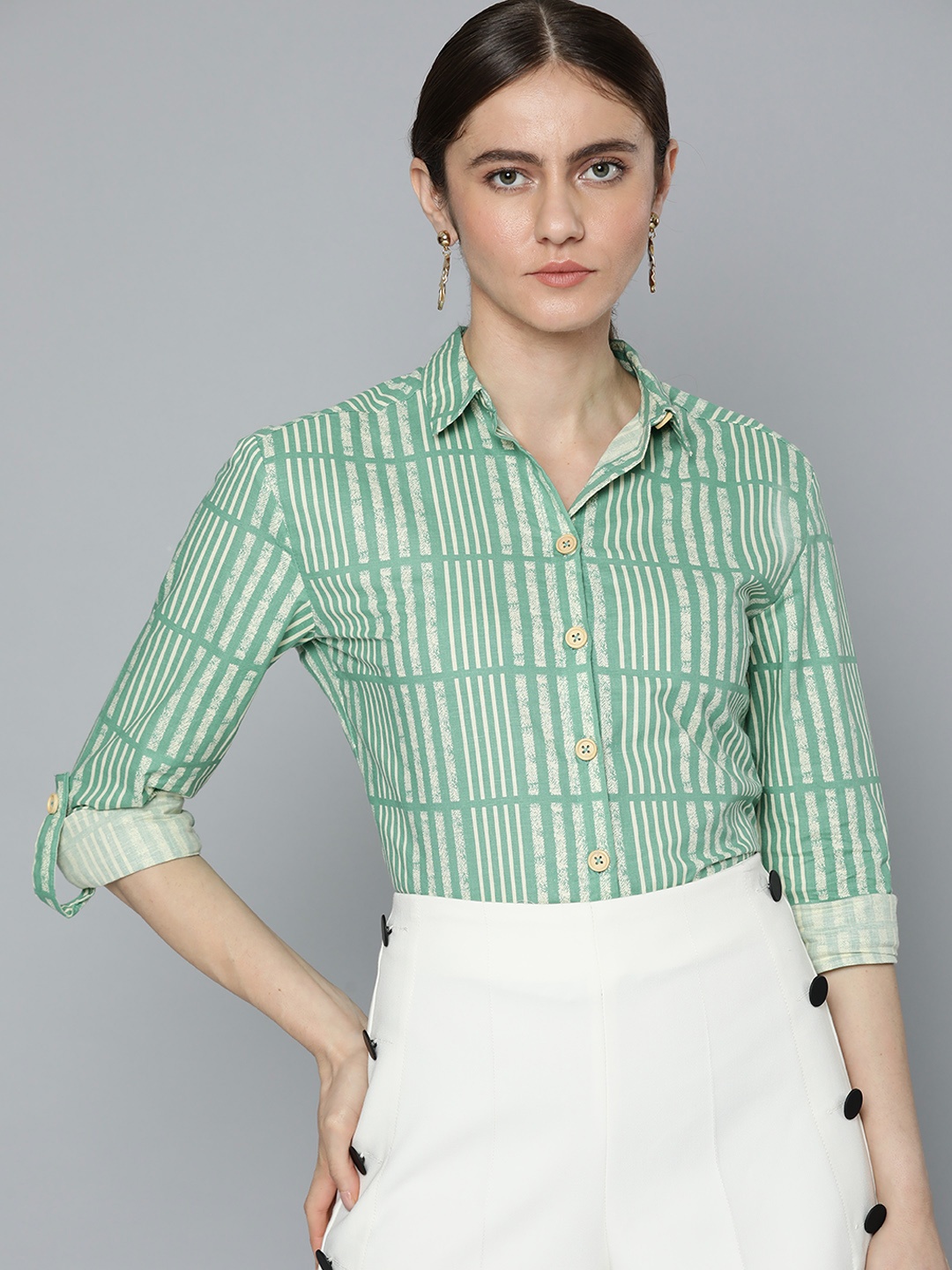 

Chemistry Women Green Pure Cotton Striped Casual Shirt