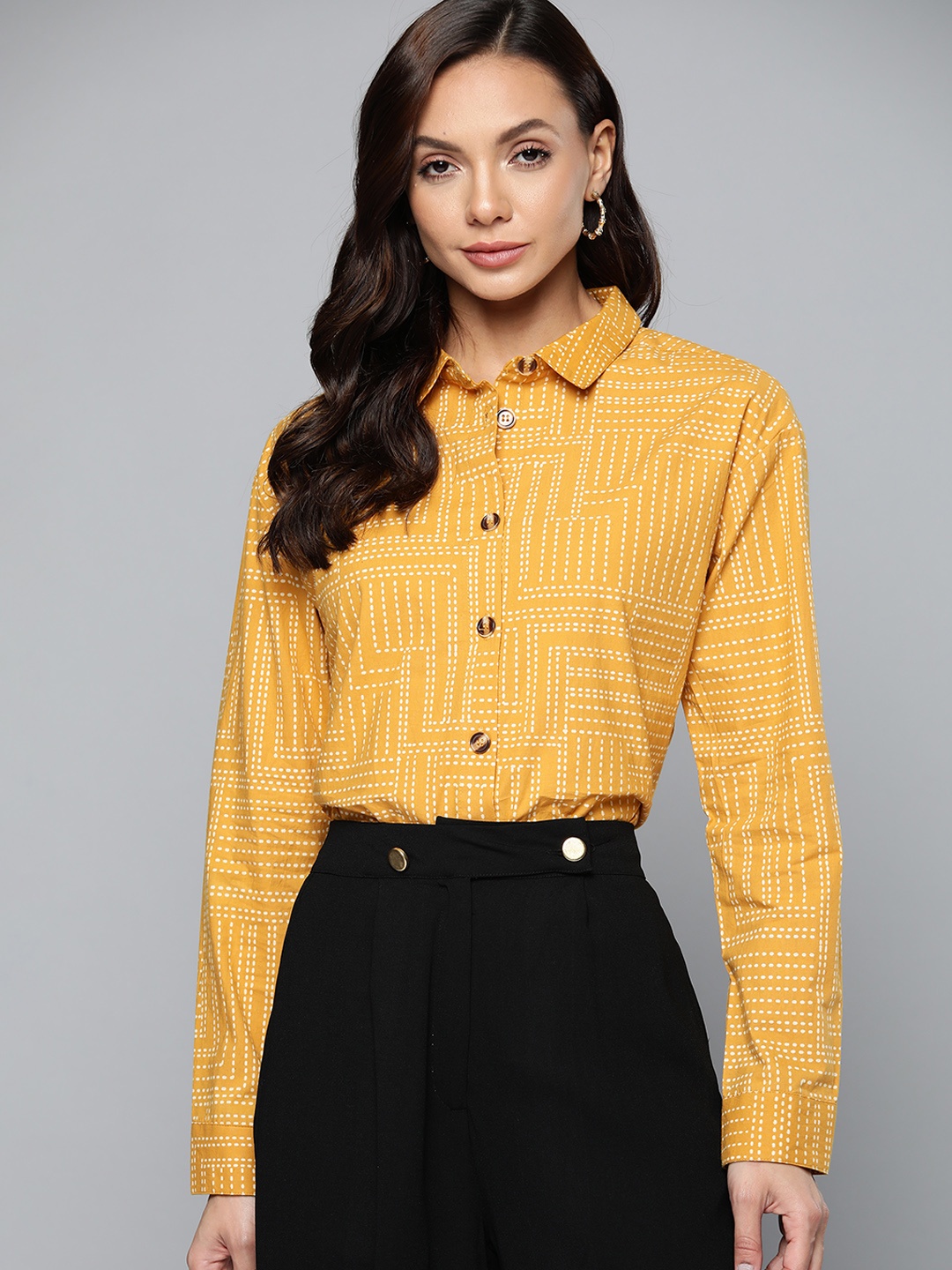 

Chemistry Women Mustard Yellow Pure Cotton Abstract Printed Casual Shirt