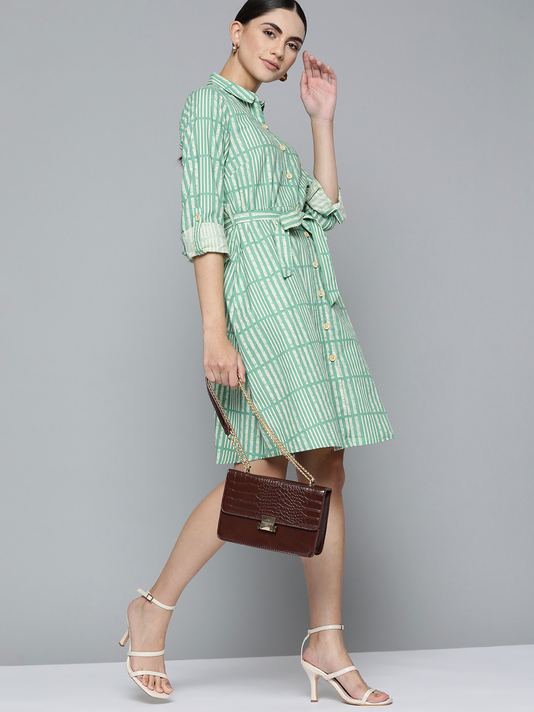 

Chemistry Green & Cream-Coloured Striped Pure Cotton Shirt Dress
