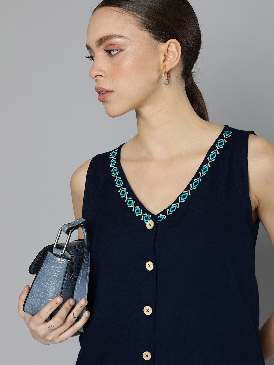 

Chemistry Women Navy Blue Embroidered Regular Top