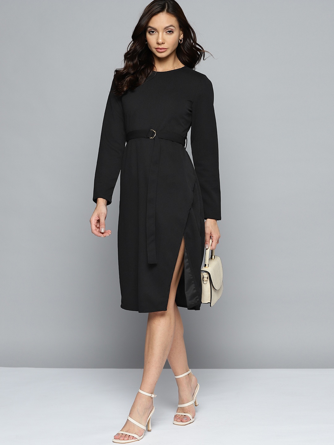 

Chemistry Women Black Solid A-Line Dress with Belt