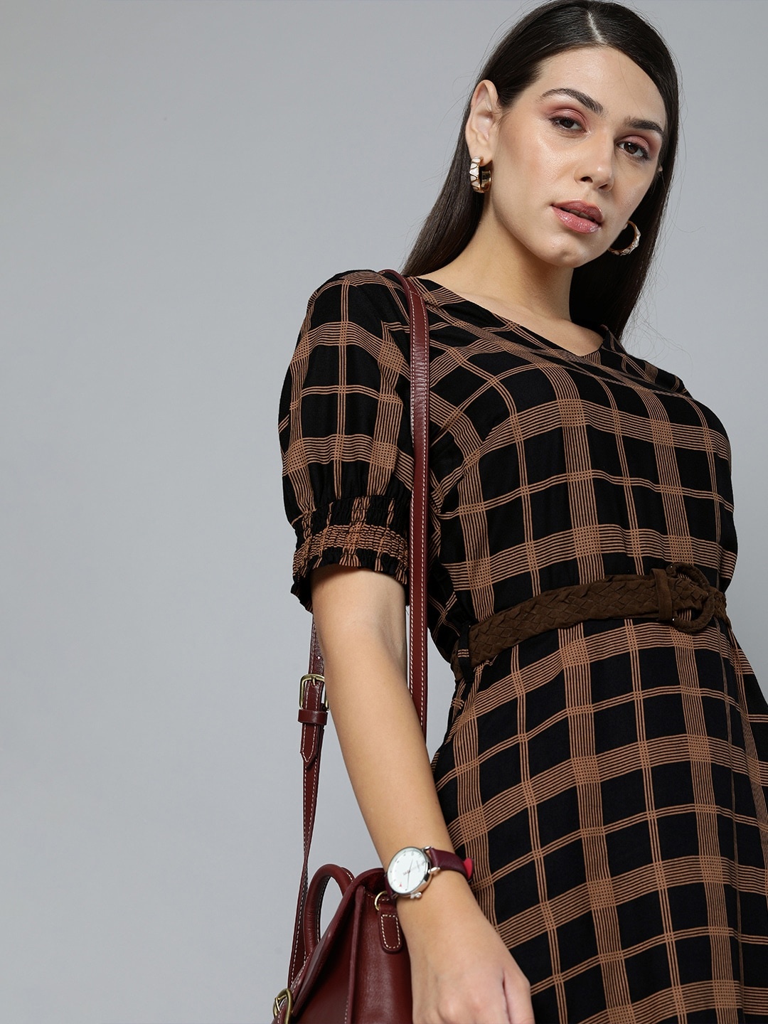 

Chemistry Black & Brown Checked A-Line Midi Dress