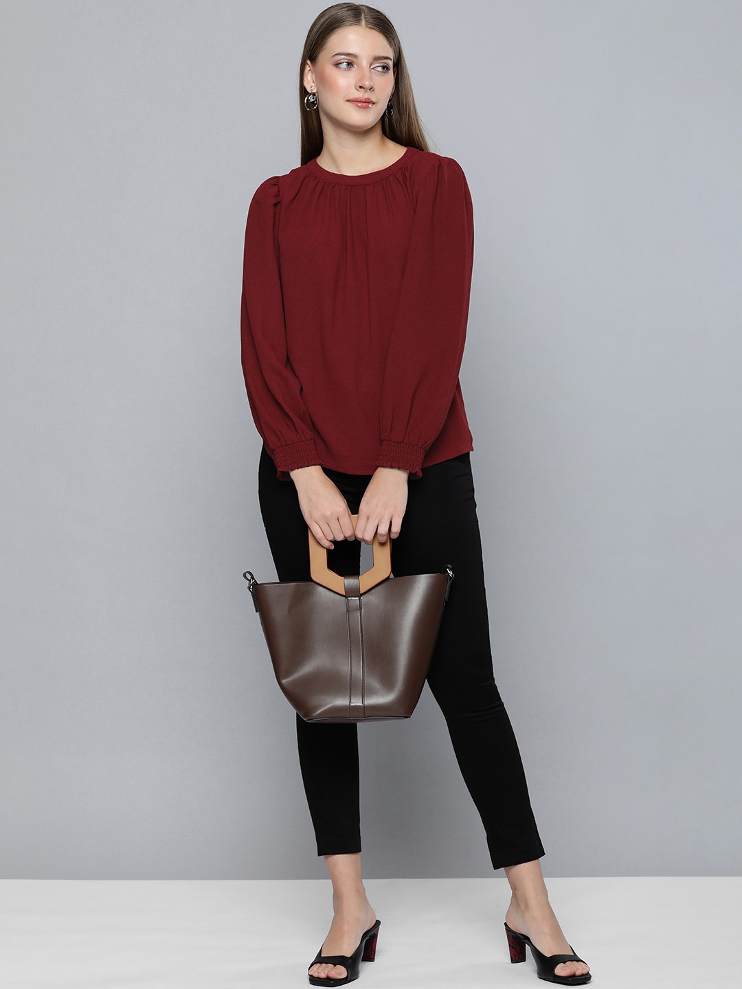 

Chemistry Women Maroon Puff Sleeves Casual Top