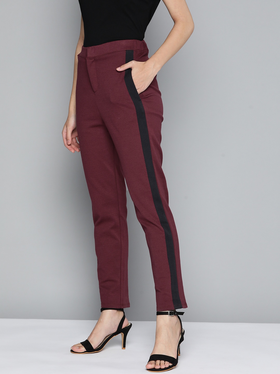 

Chemistry Women Burgundy Solid Side Striped Detail Trousers