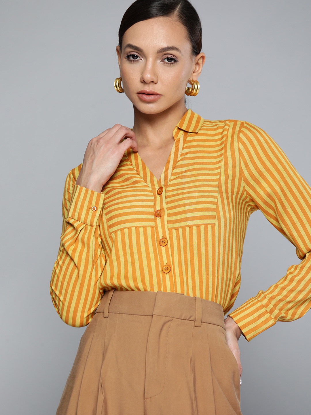 

Chemistry Women Mustard Yellow Striped Casual Shirt