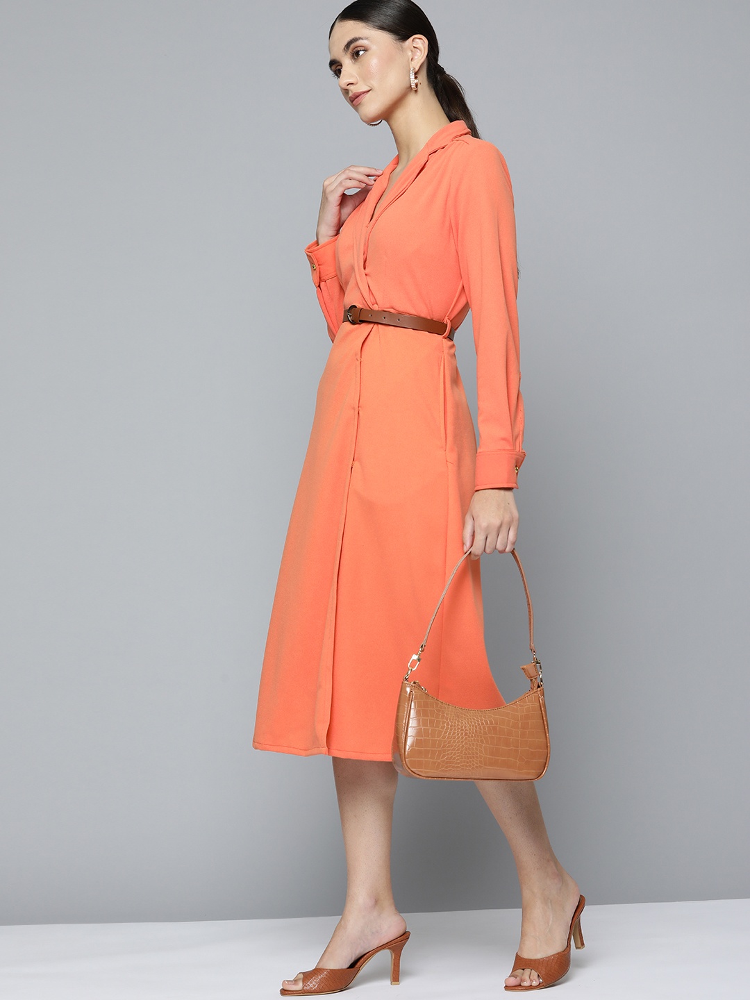 

Chemistry Orange Solid Wrap Dress with Belt