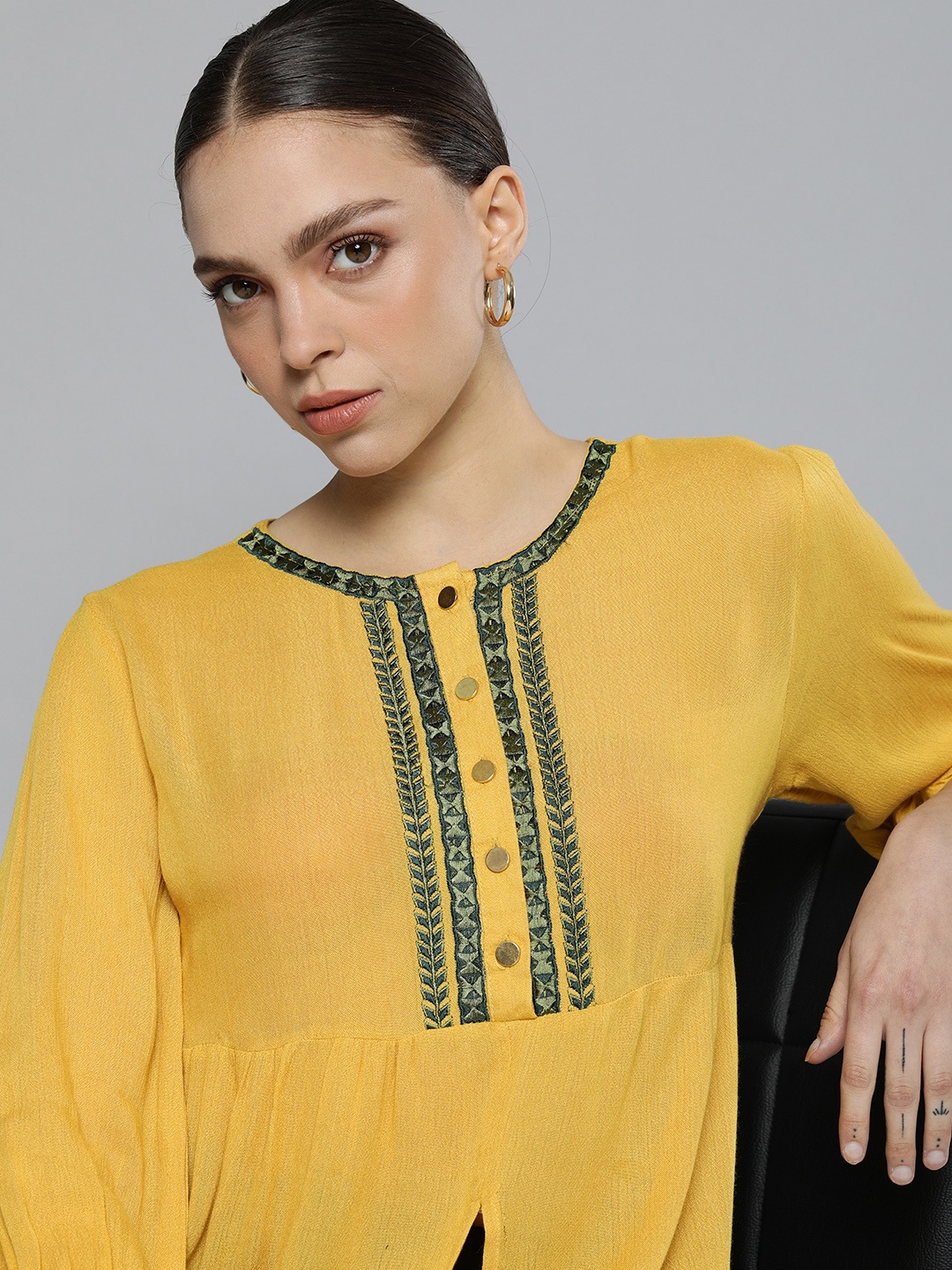 

Chemistry Women Mustard Yellow Embroidered Regular Top