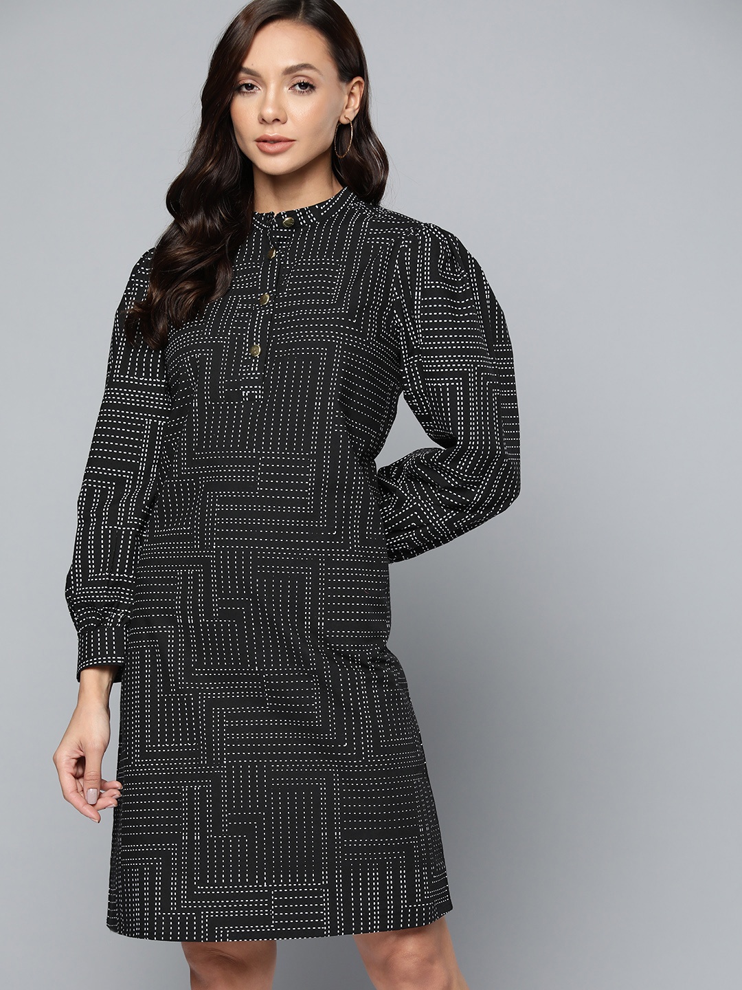 

Chemistry Black & White Pure Cotton Geometric Printed A-Line Dress