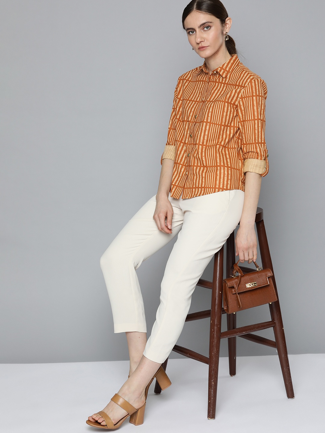 

Chemistry Women Brown Striped Casual Shirt