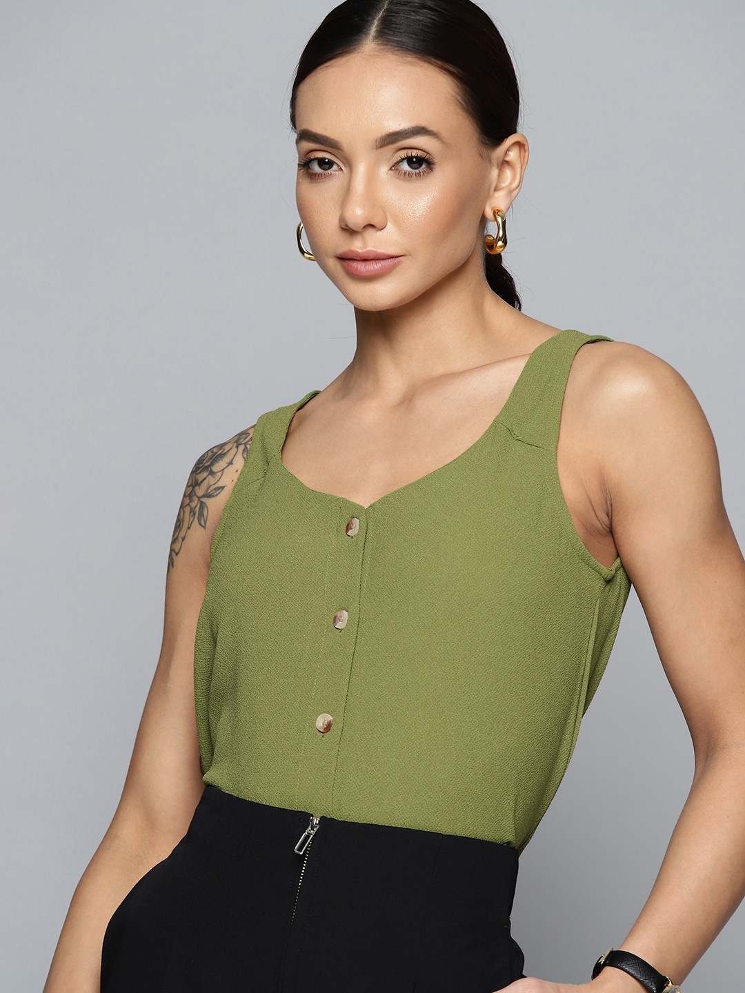 

Chemistry Women Green Solid Top with Button Closure