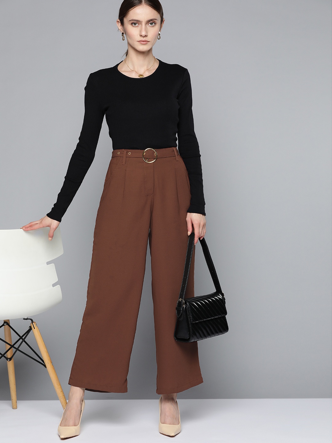 

Chemistry Women Brown Solid Pleated Trousers with Belt