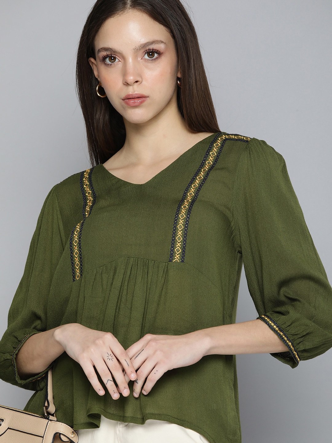 

Chemistry Women Olive Green Embroidered Regular Top