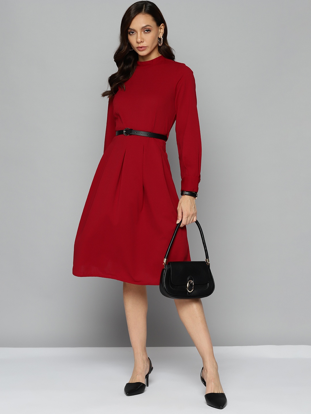 

Chemistry Women Maroon Solid Box Pleats Fit & Flare Dress with Belt