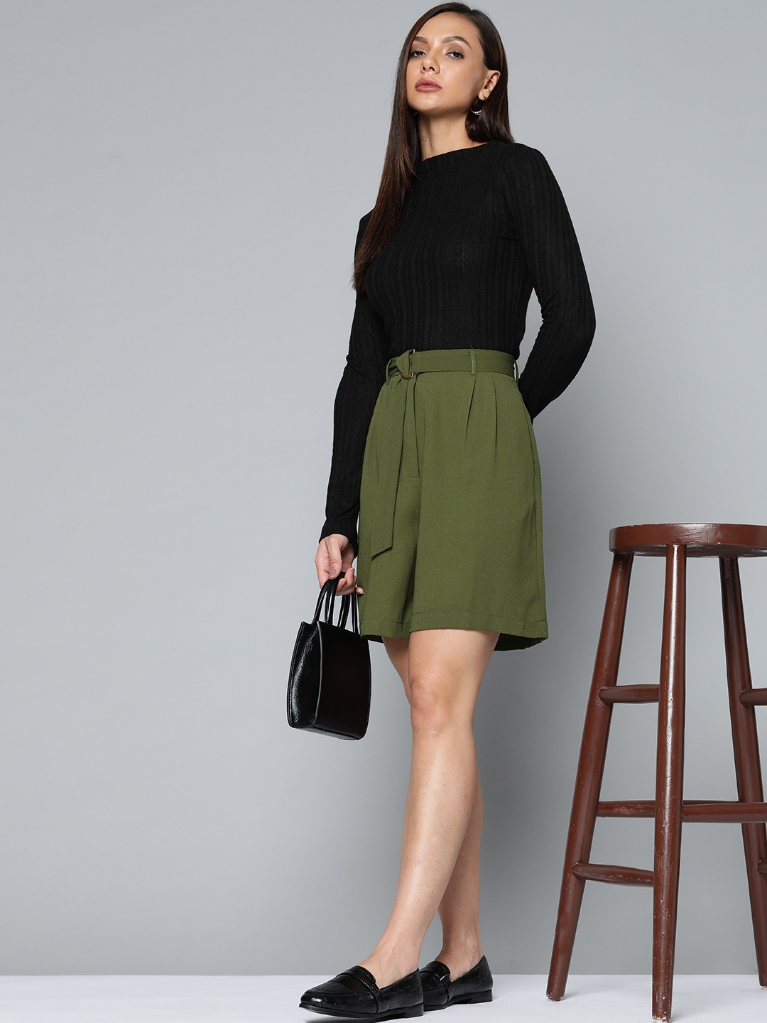 

Chemistry Women Olive Green Solid Shorts with Belt