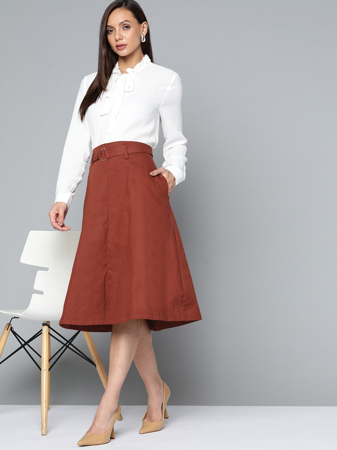 

Chemistry Women Rust Red Solid A-Line Skirt with Belt