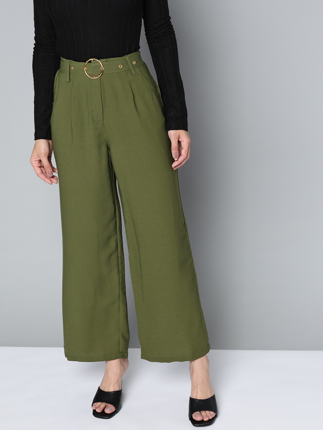 

Chemistry Women Olive Green High-Rise Pleated Trousers with Belt