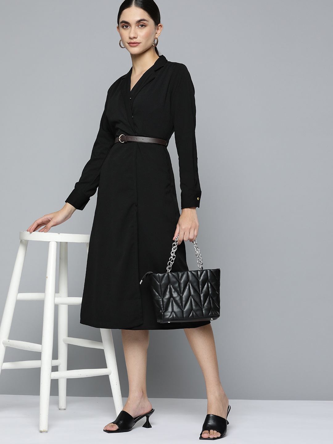 

Chemistry Black Solid Wrap Dress