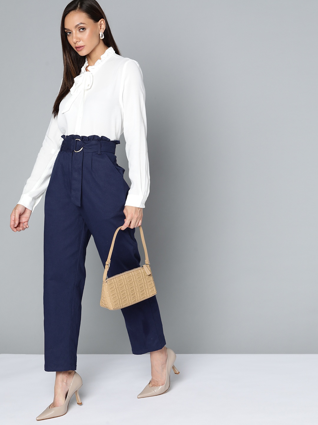 

Chemistry Women Navy Blue High-Rise Pleated Trousers with Belt