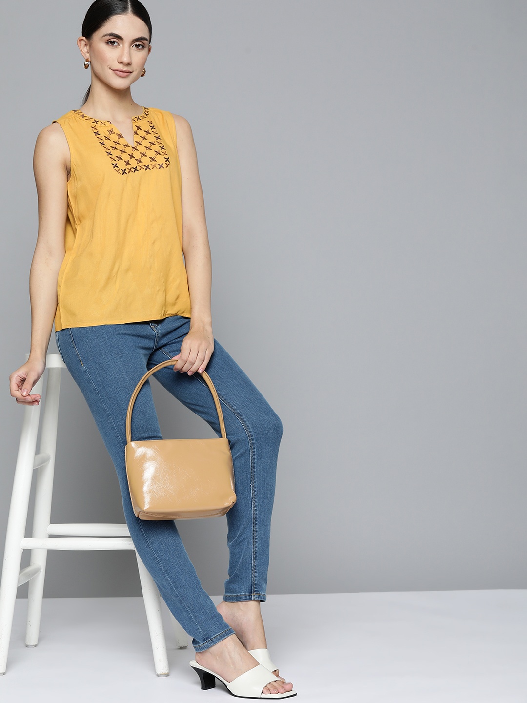 

Chemistry Yellow Embroidered Top