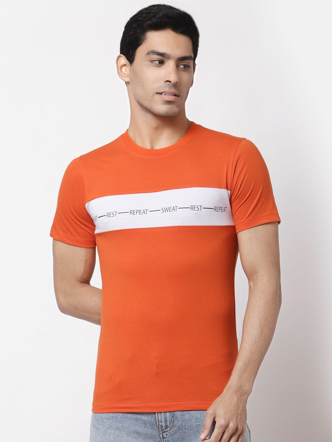 

Yuuki Men Orange & White Striped Cotton T-shirt