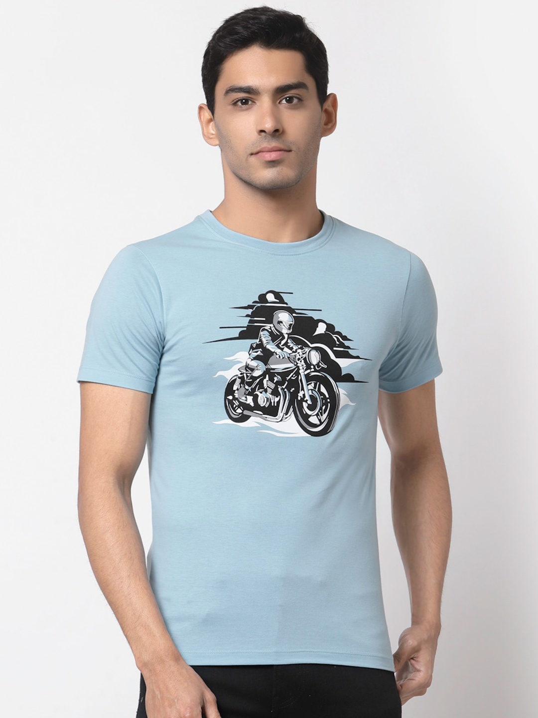 

Yuuki Men Blue Biker Printed Cotton T-shirt
