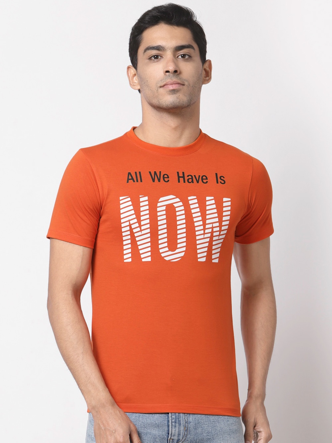 

Yuuki Men Orange & White Typography Printed Cotton T-shirt