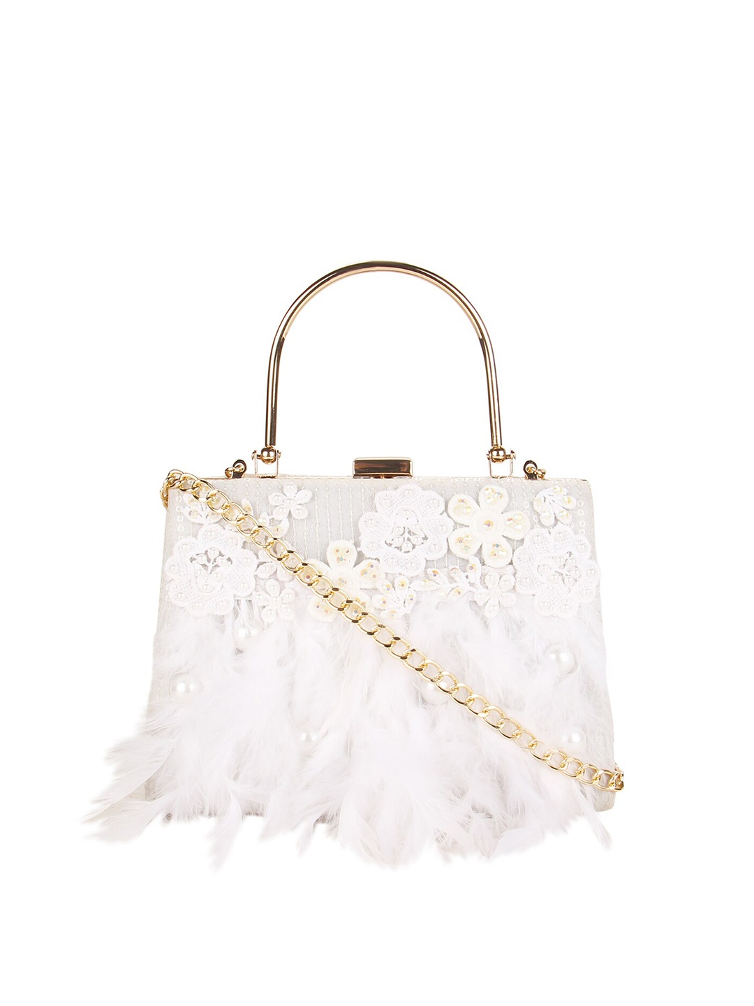 

Vdesi White Fur Embellished Box Clutch With Detachable Sling