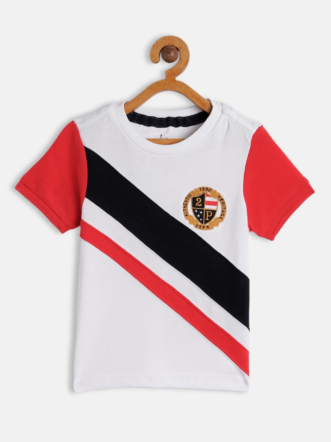 

U.S. Polo Assn. Kids Boys White & Red Striped Round Neck Embroidered Pure Cotton T-shirt