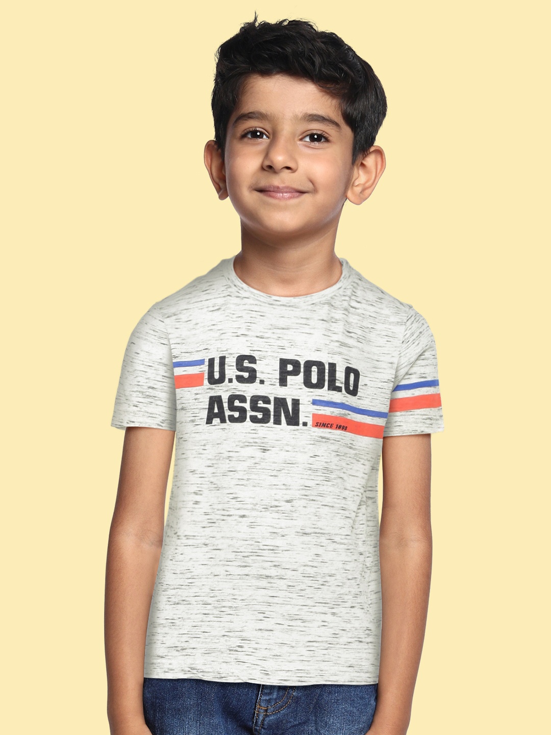 

U.S. Polo Assn. Kids Boys Grey Melange & Black Brand Logo Printed T-shirt