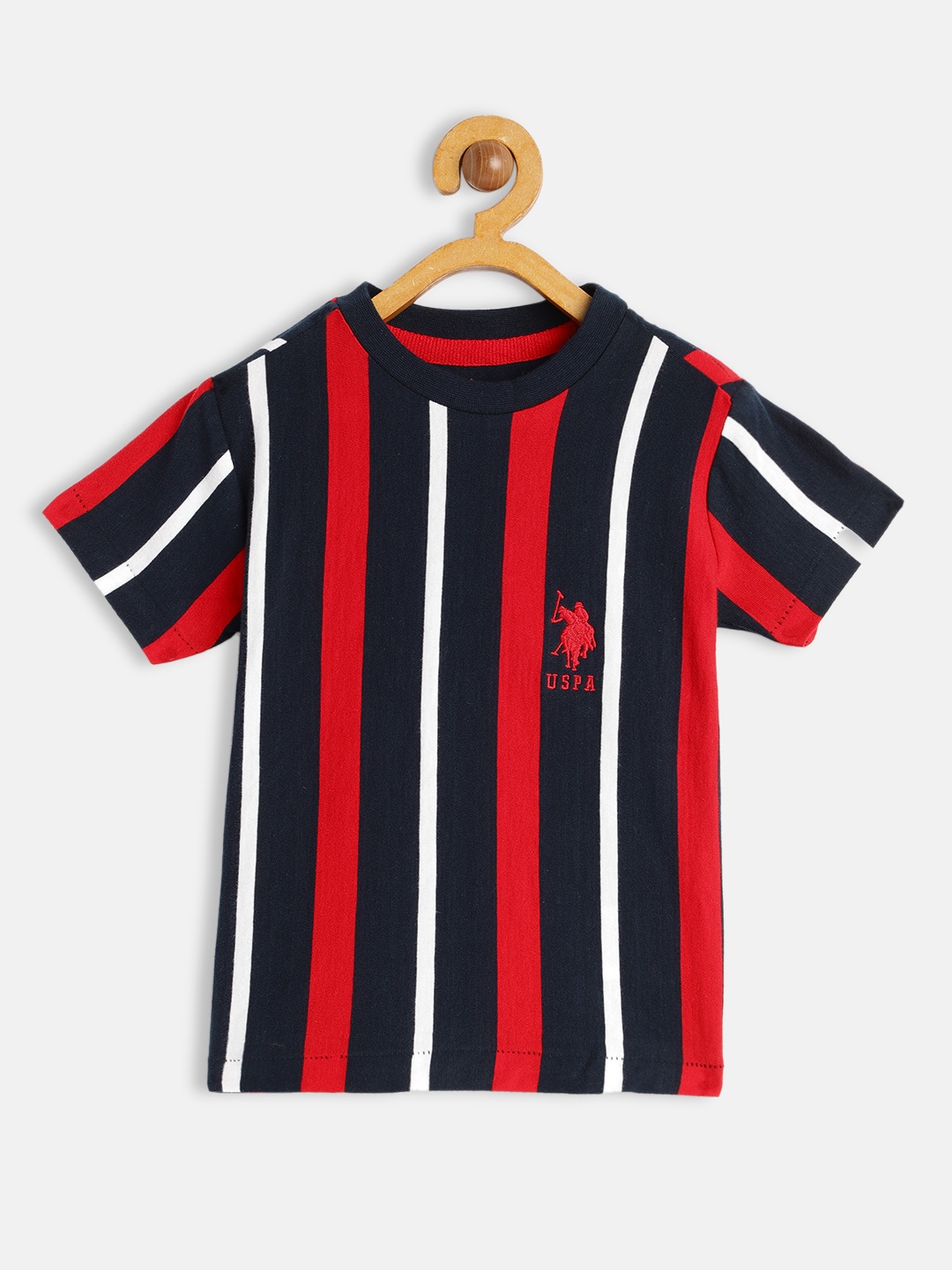 

U.S. Polo Assn. Kids Boys Navy Blue & Red Striped Pure Cotton T-shirt