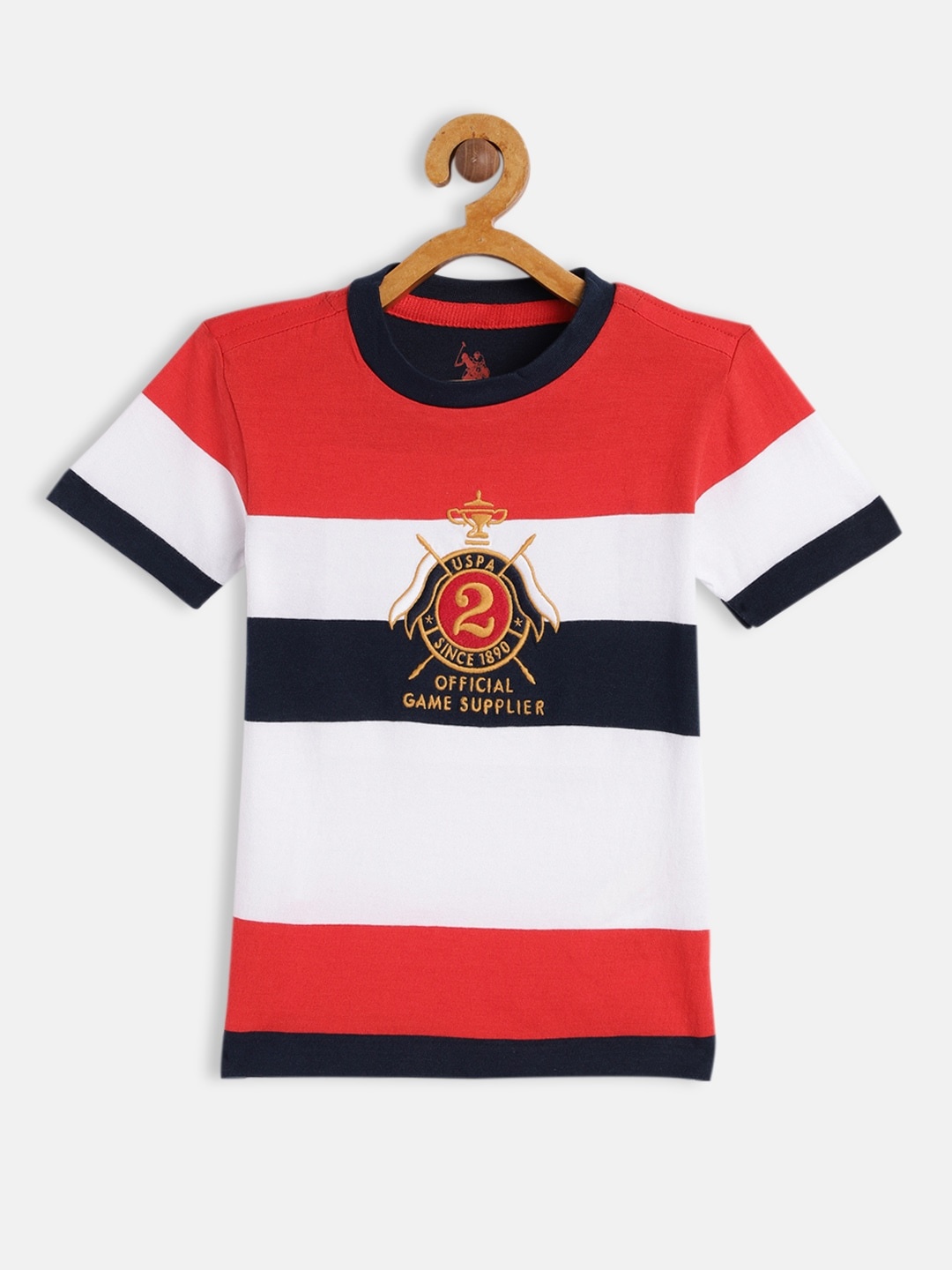 

U.S. Polo Assn. Kids Boys Red & White Block Stripes Embroidered Pure Cotton T-shirt