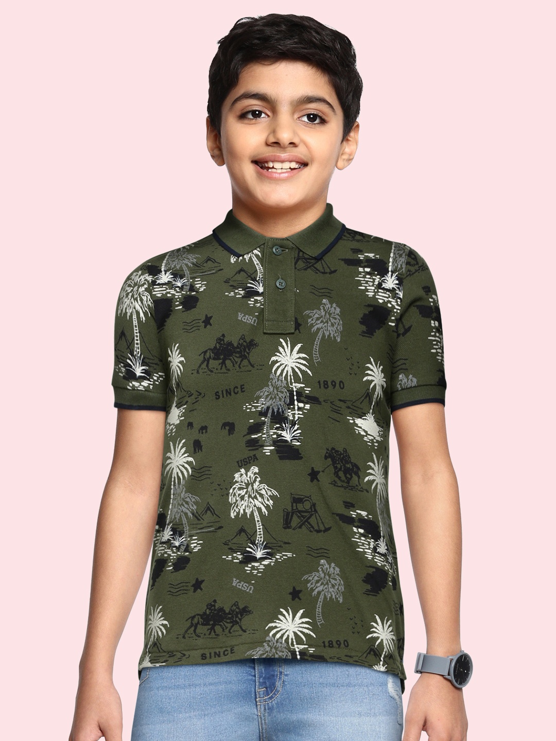 

U.S. Polo Assn. Kids Boys Green Printed Polo Collar Pure Cotton T-shirt