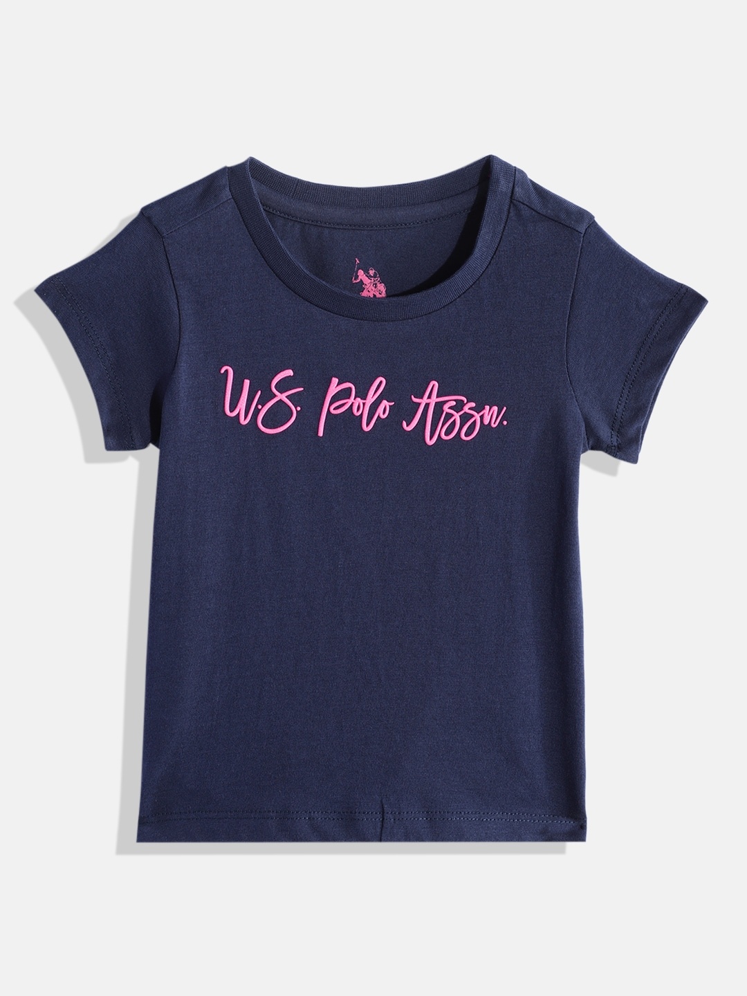 

U.S. Polo Assn. Kids Girls Navy Blue Brand Logo Printed Pure Cotton T-shirt