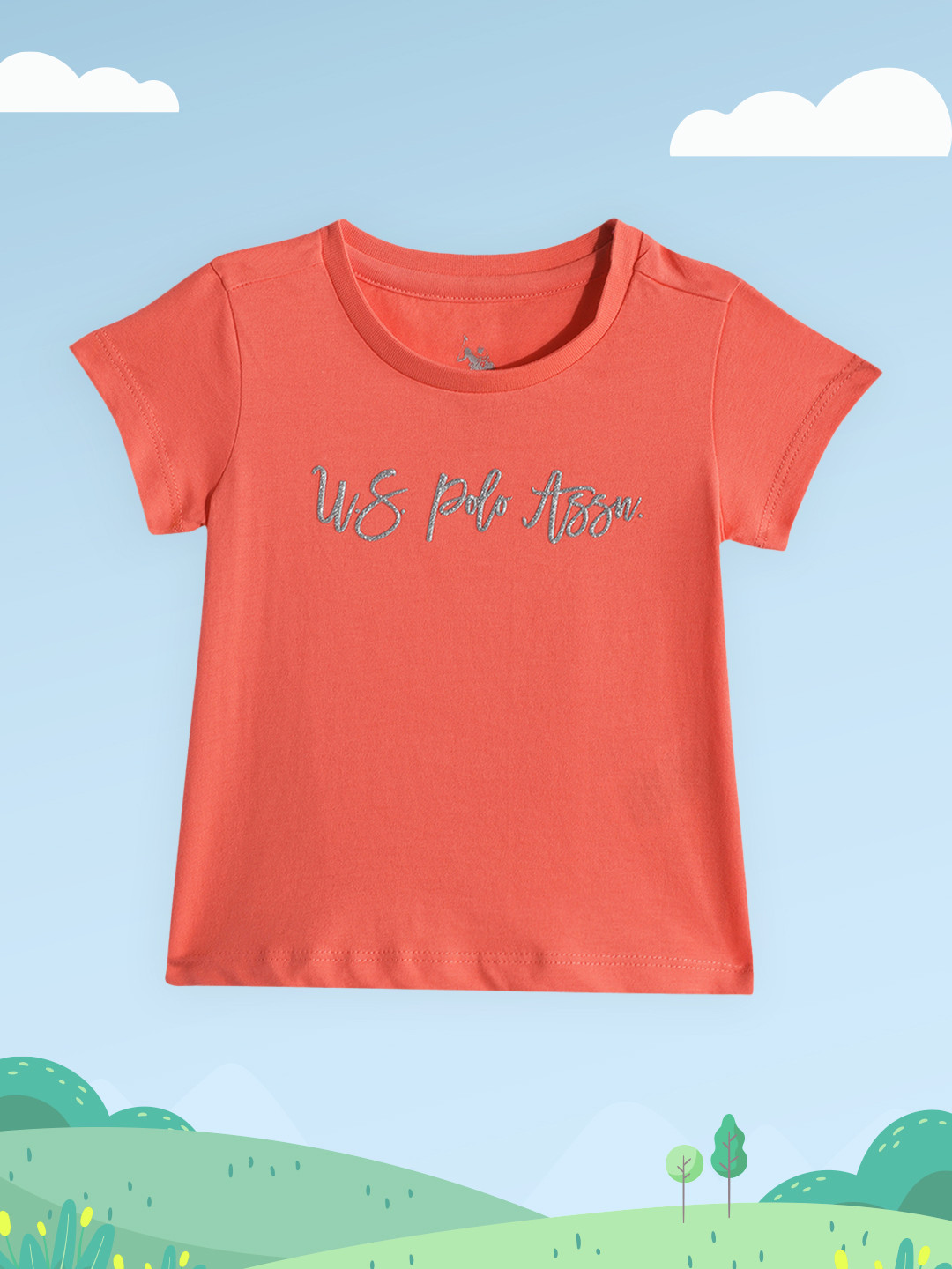 

U.S. Polo Assn. Kids Girls Orange Brand Logo Printed Pure Cotton T-shirt