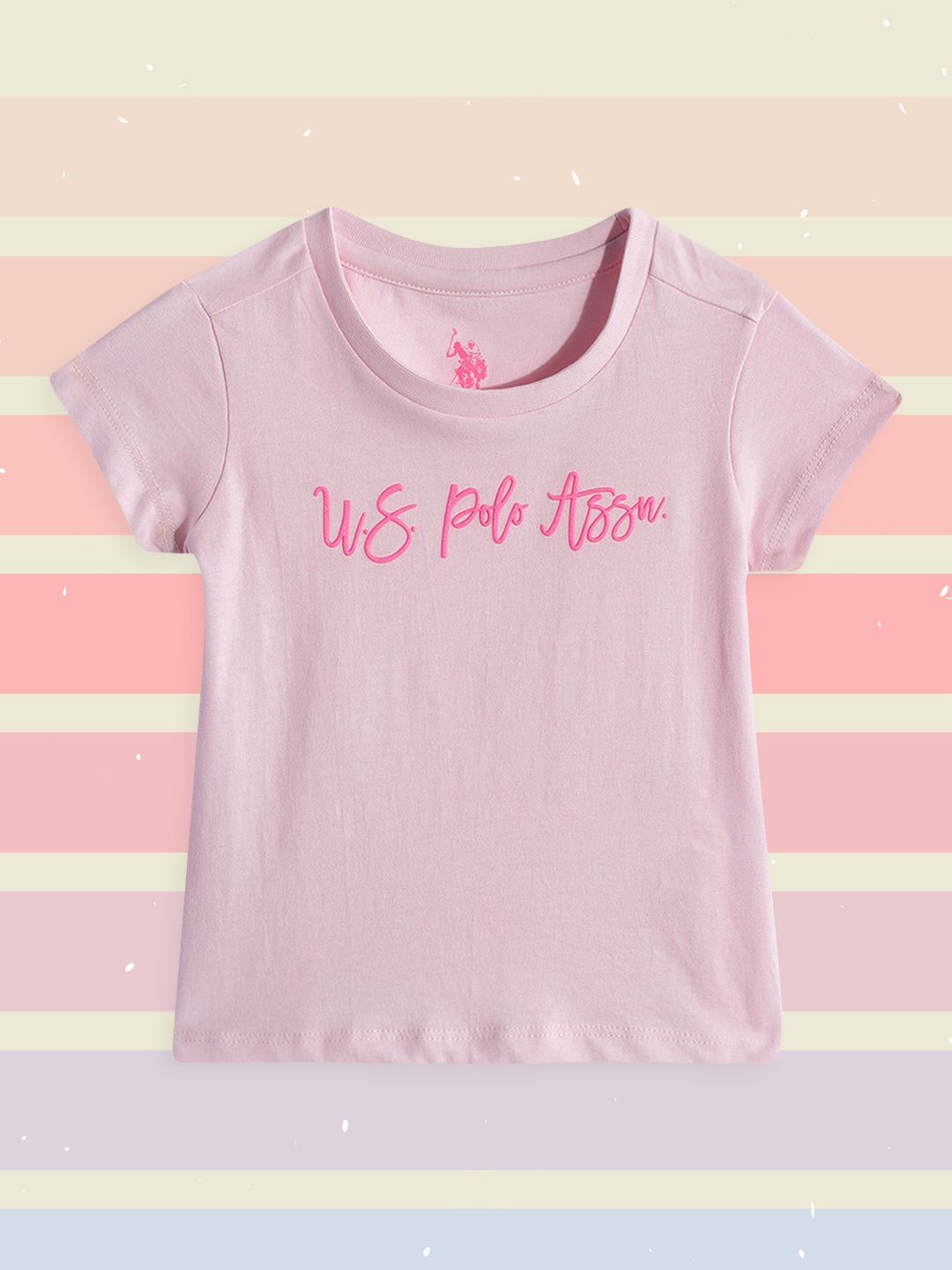 

U.S. Polo Assn. Kids Girls Pink Brand Logo Printed Pure Cotton T-shirt