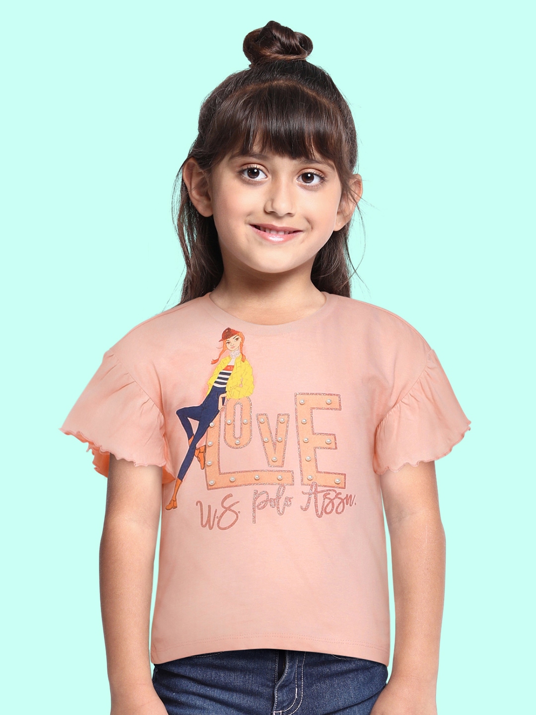 

U.S. Polo Assn. Kids Girls Peach-Coloured Brand Logo Printed Pure Cotton T-shirt