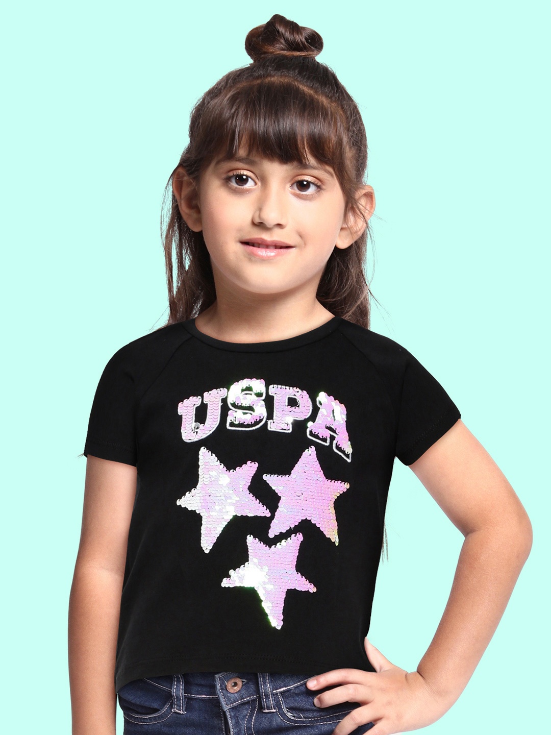 

U.S. Polo Assn. Kids Girls Black Sequin Embellished Pure Cotton T-shirt