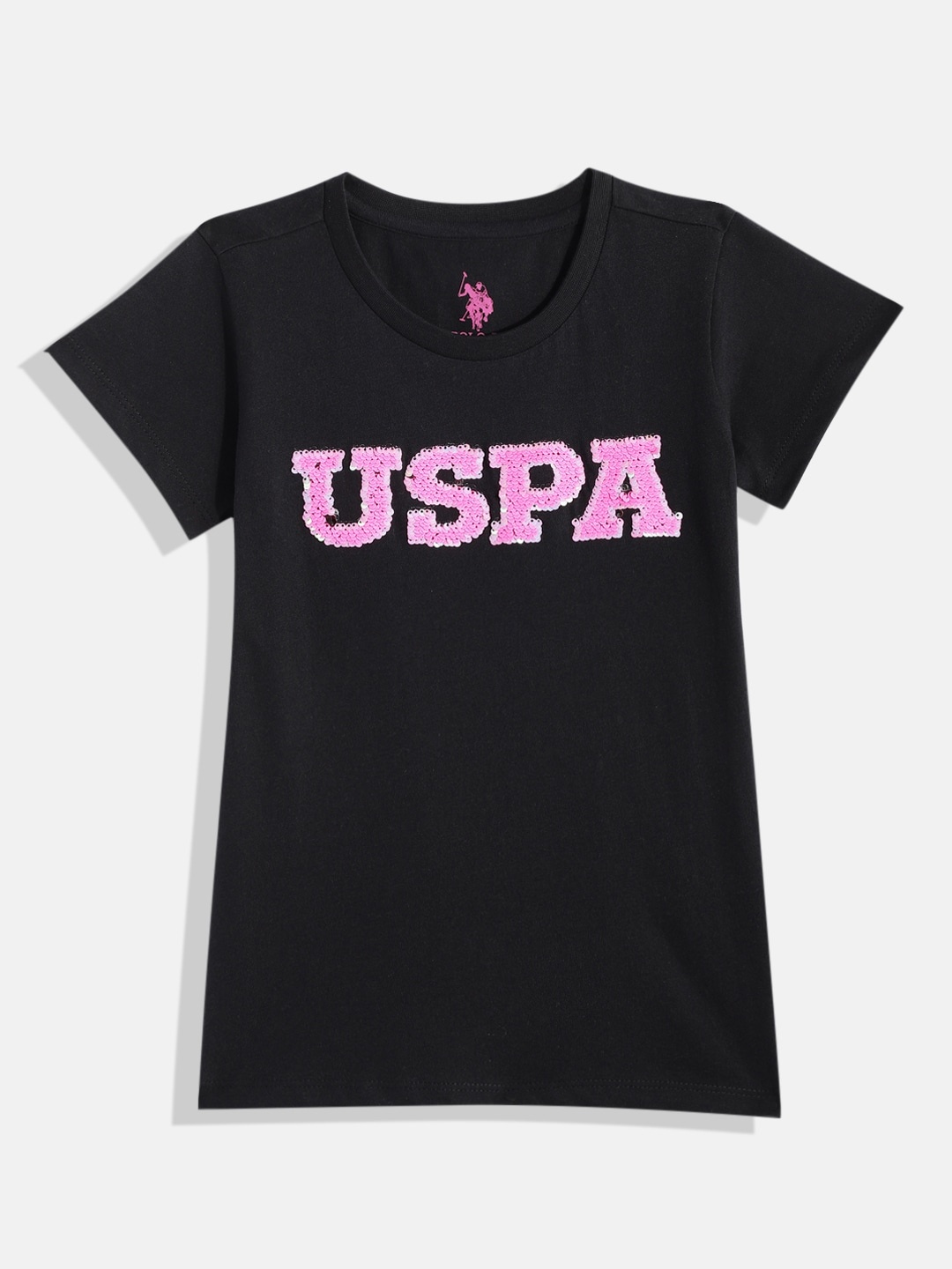 

U.S. Polo Assn. Kids Girls Black & Pink Brand Logo Sequin Embellished Pure Cotton T-shirt