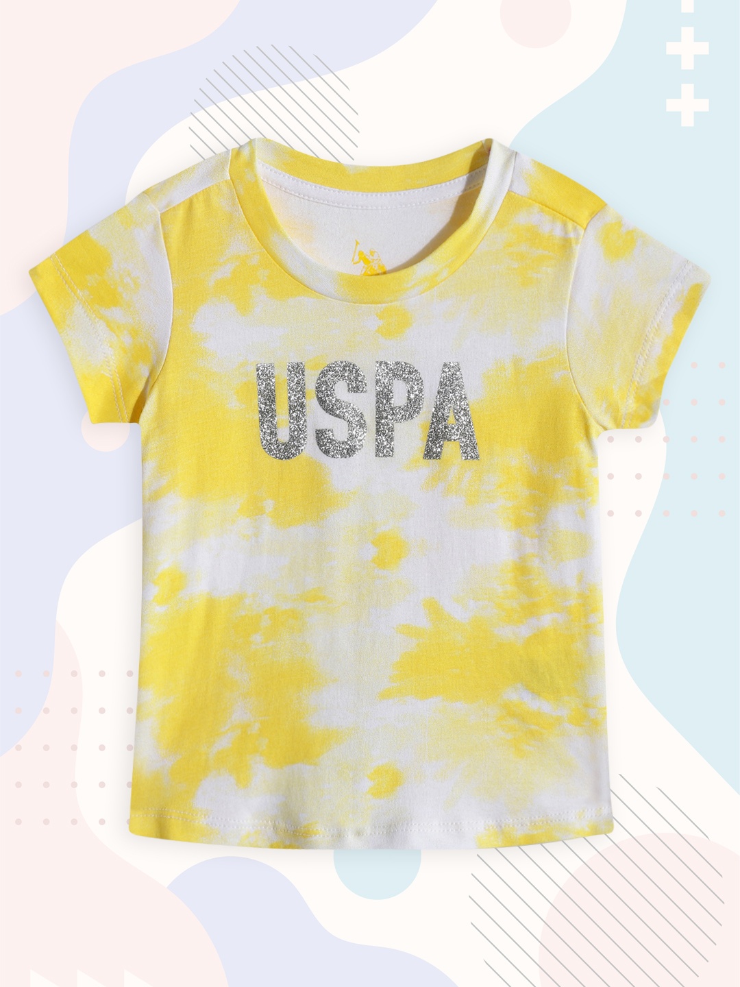 

U.S.Polo Assn. Kids Girls Yellow Tie and Dye Printed Pure Cotton T-shirt
