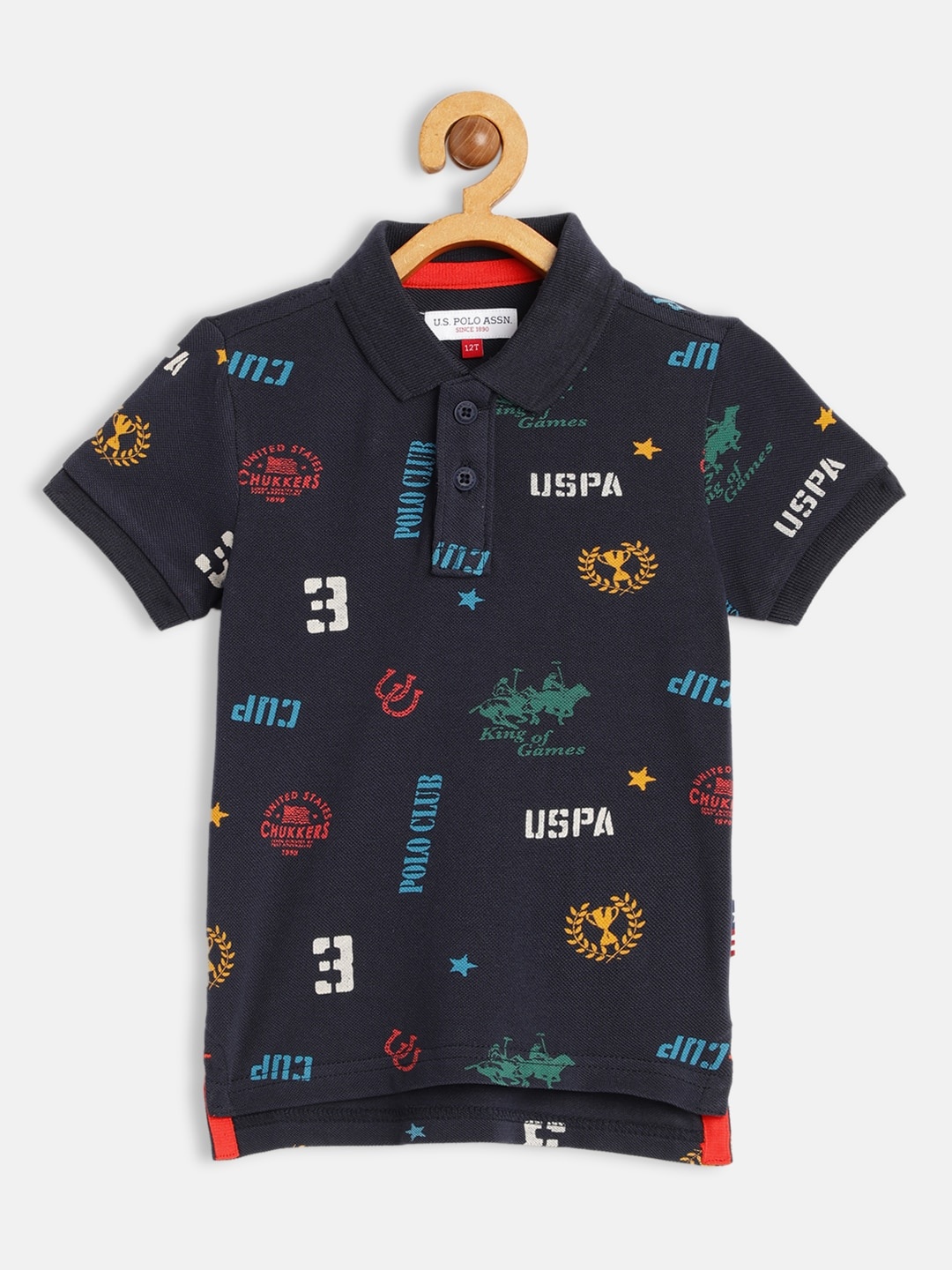 

U.S. Polo Assn. Kids Boys Navy Blue & Red Brand Logo Printed Pure Cotton T-shirt