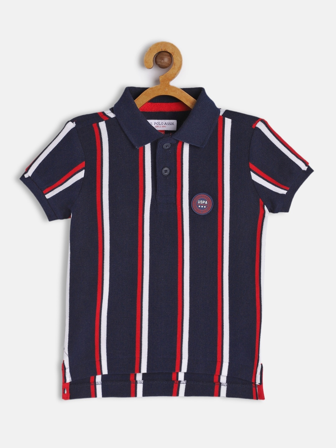 

U.S. Polo Assn. Kids Boys Navy Blue & Red Multi Stripes Polo Collar Pure Cotton T-shirt