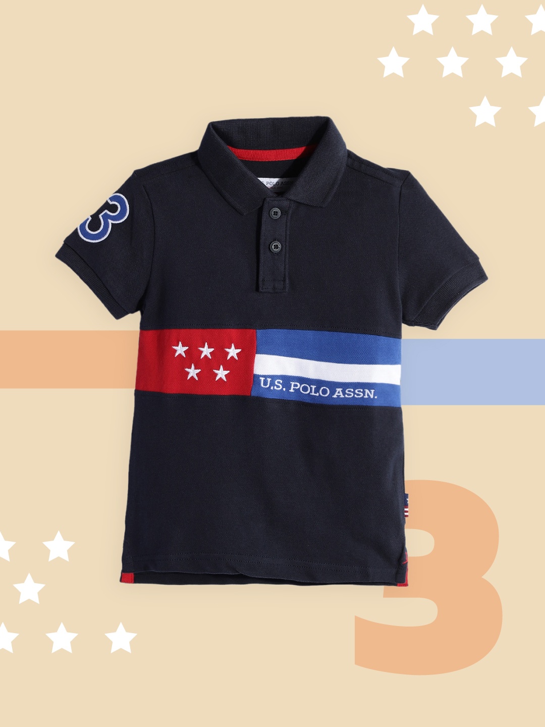 

U.S. Polo Assn. Kids Boys Navy Blue & Red Brand Logo Printed Pure Cotton T-shirt