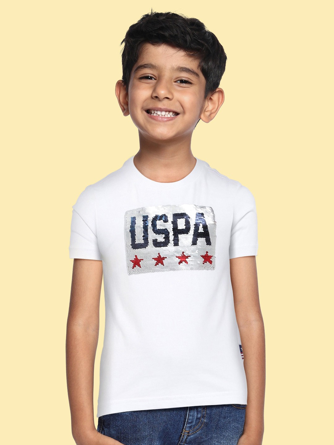 

U.S. Polo Assn. Kids Boys White Solid Sequin Embellished Pure Cotton T-shirt