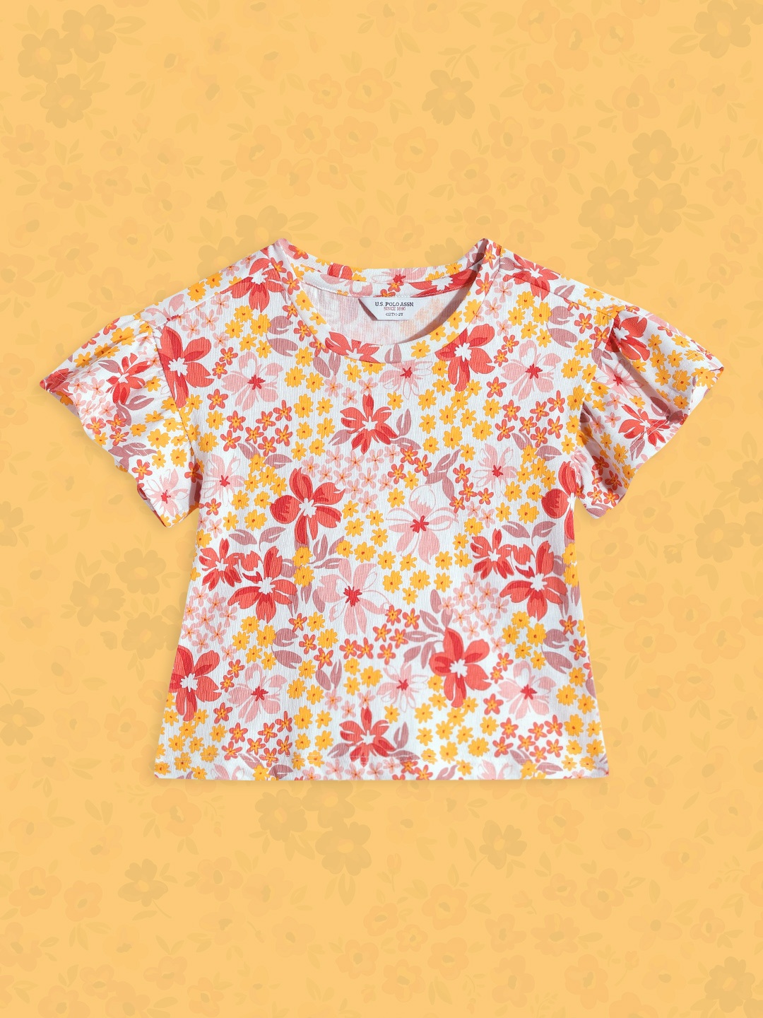 

U S Polo Assn Kids White & Orange Floral Print Ruffles Top