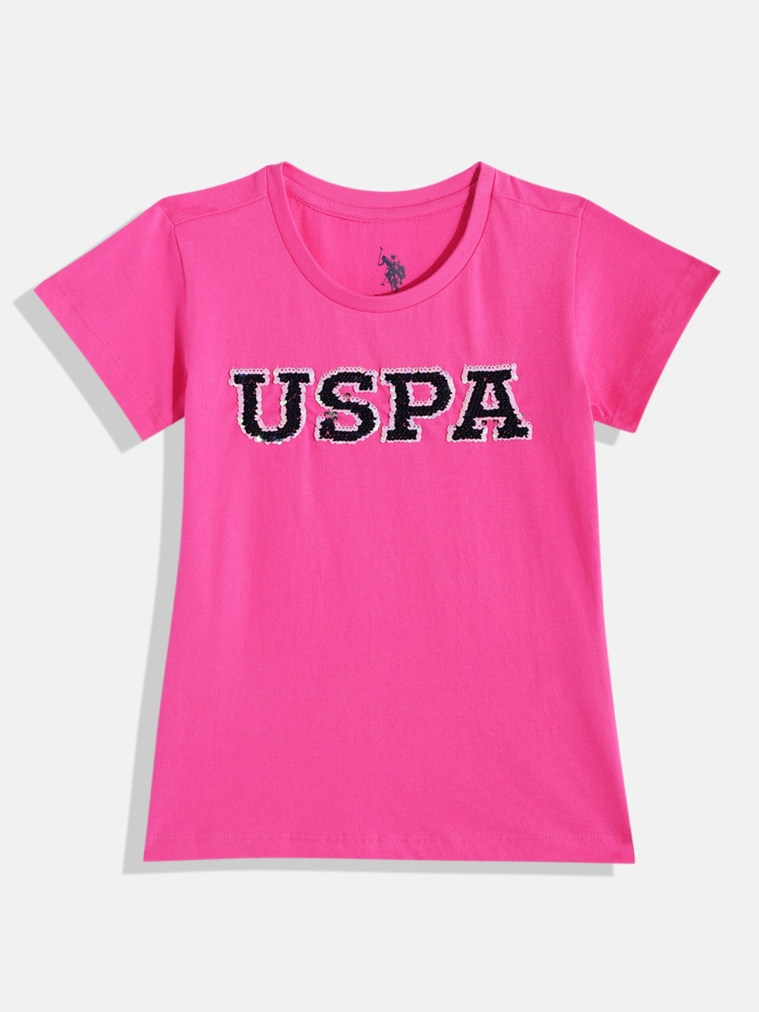 

U.S. Polo Assn. Kids Girls Pink & Navy Blue Brand Logo Printed Pure Cotton T-shirt