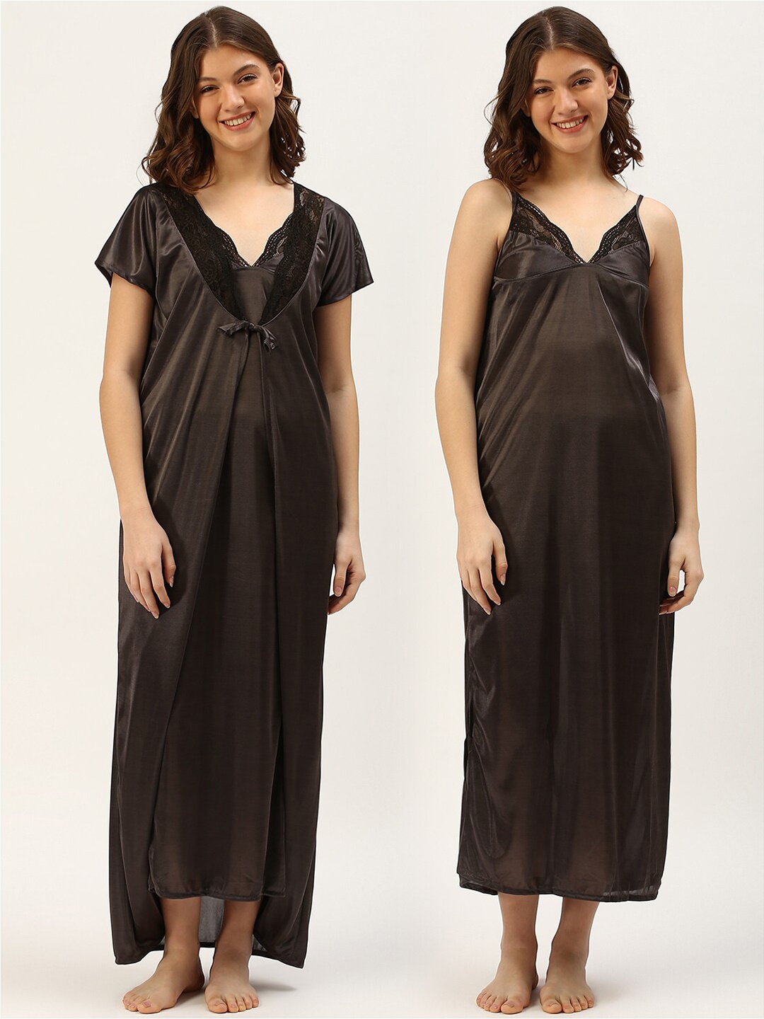 

TRUNDZ Women Grey Solid Set of 2 Maxi Nightdress