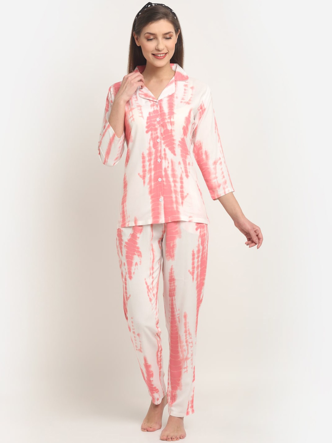 

Claura Women White & Pink Printed Cotton Night Suit