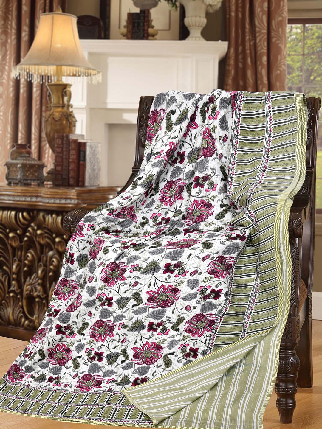 

JAIPUR FABRIC Green & Pink Floral AC Room 210 GSM Double Bed Dohar