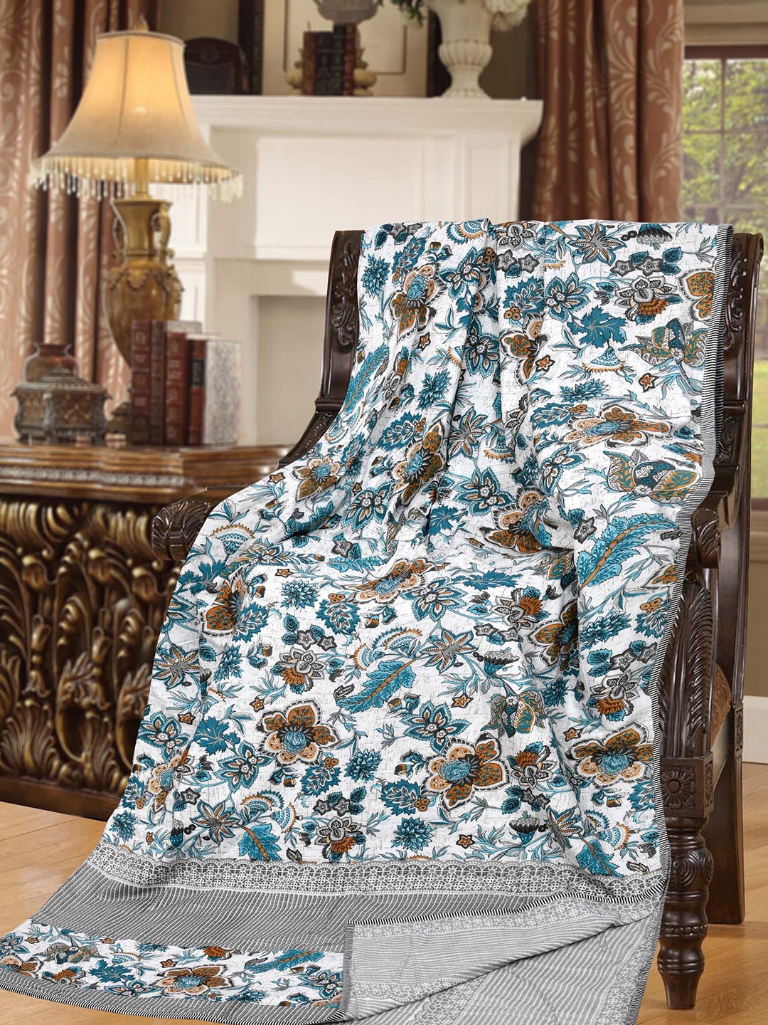 

JAIPUR FABRIC Grey & Blue Floral AC Room 210 GSM Double Bed Dohar