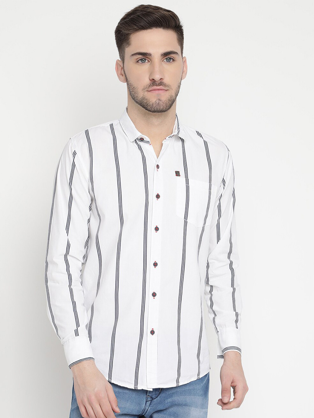 

V2 Value & Variety Men White & Black Striped Cotton Casual Shirt